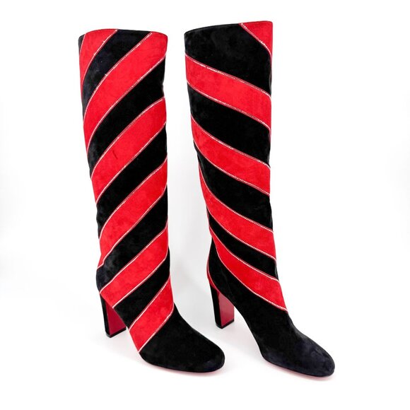 Christian Louboutin Gael Knee High Boot Size 39.5 US 9.5 Black Red Stripe Strass - Picture 1 of 15